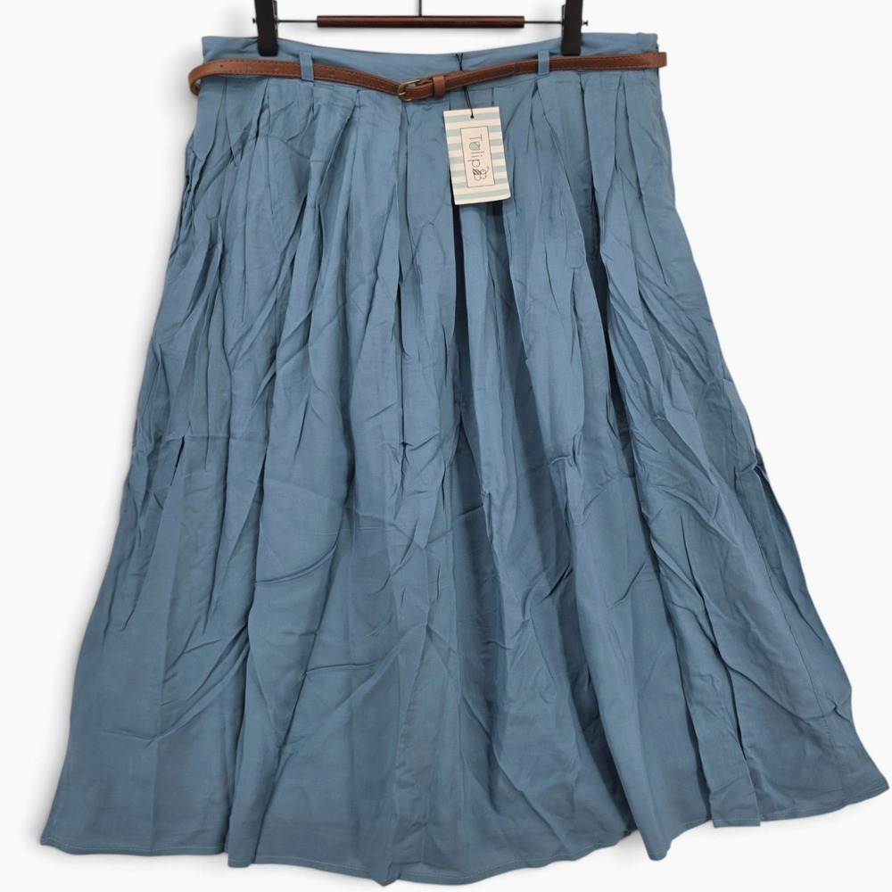 Tulip B NWT Blue Pleated A-Line Midi Skirt Cotton Belted Pockets CottagecoreXL